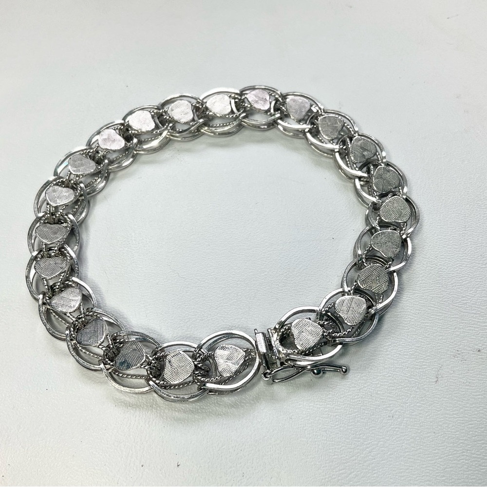 Vintage Sterling Starter Charm Bracelet Textured Hearts Top 7 &5/8”